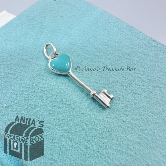 Tiffany & Co. 925 Silver Mini Blue Enamel Heart Key Charm...